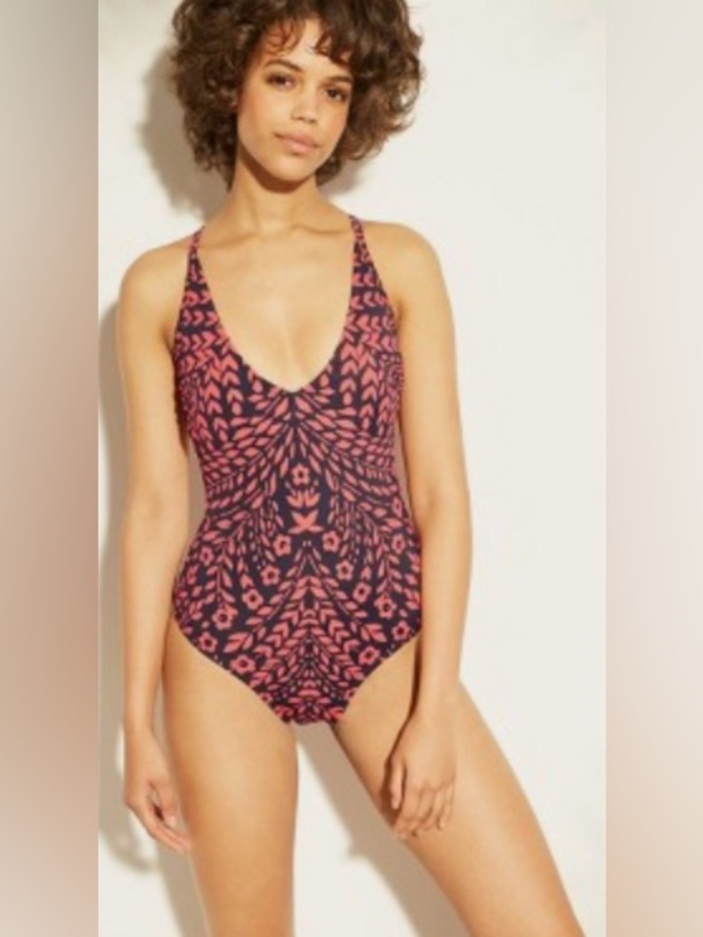 Kona Sol Navy and Coral Floral Pattern One-Piece Swimsuit